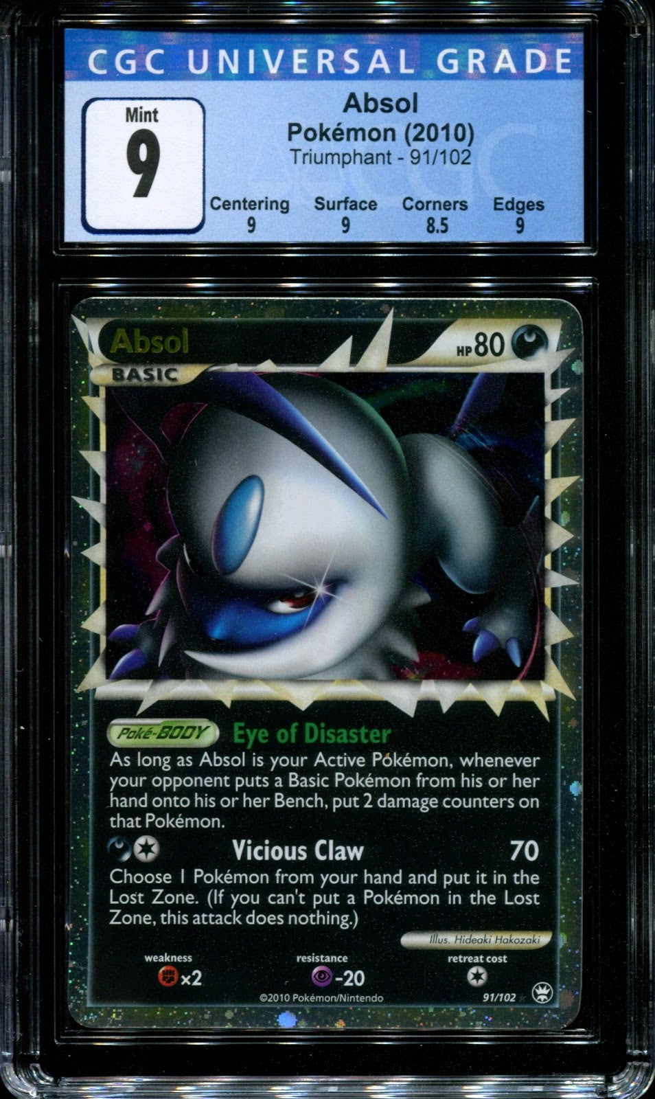 Absol Triumphant 91/102 Pokemon Prime Ultra Rare Holo 2010 Foil Mint CGC 9